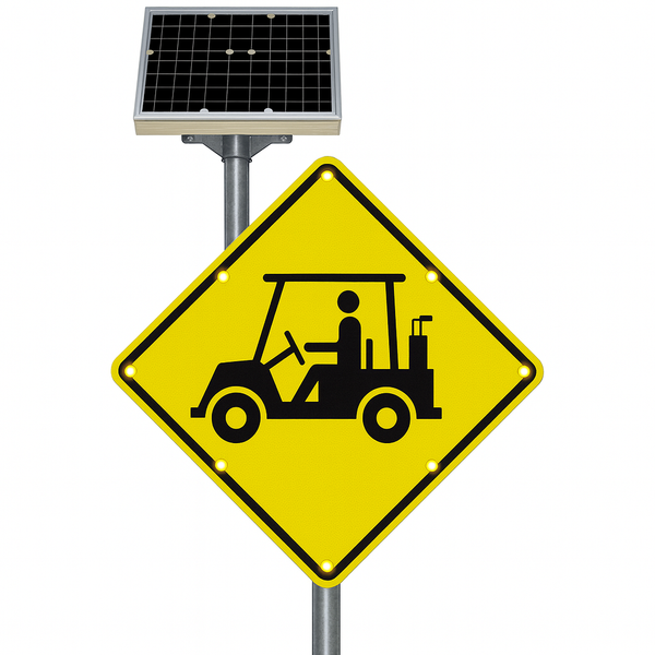 Solar-powered flashing golf cart warning sign example