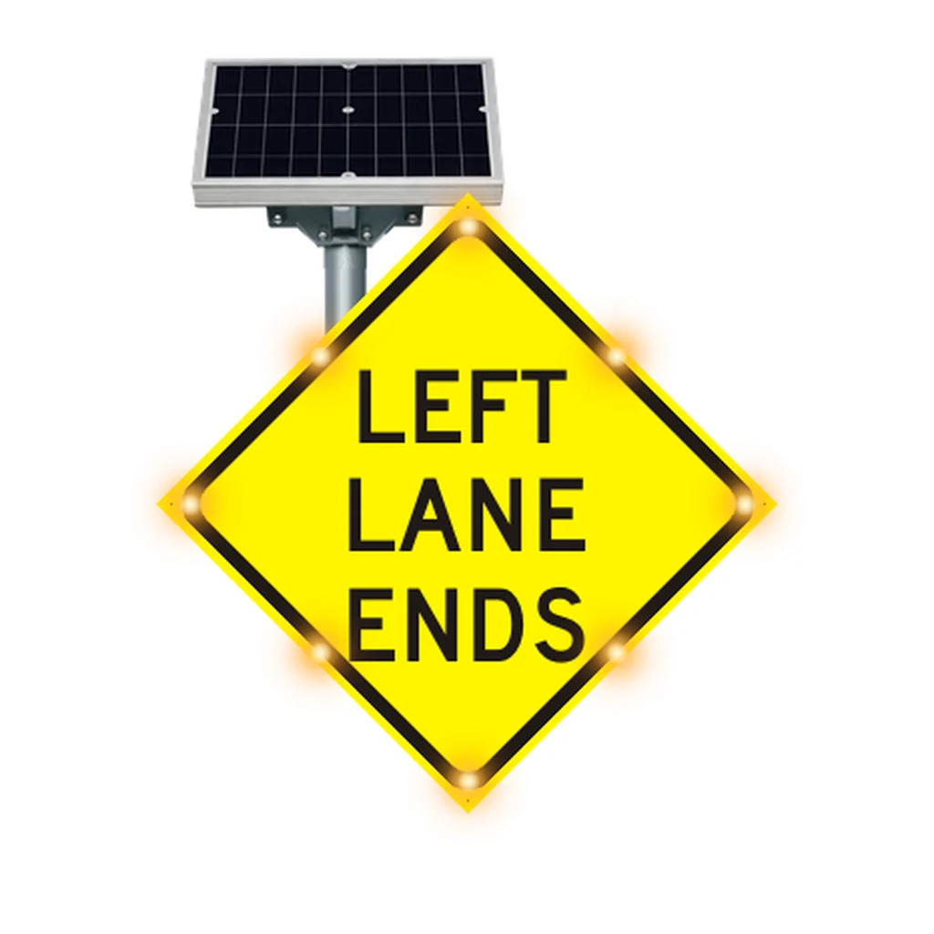 Left lane ends flashing sign