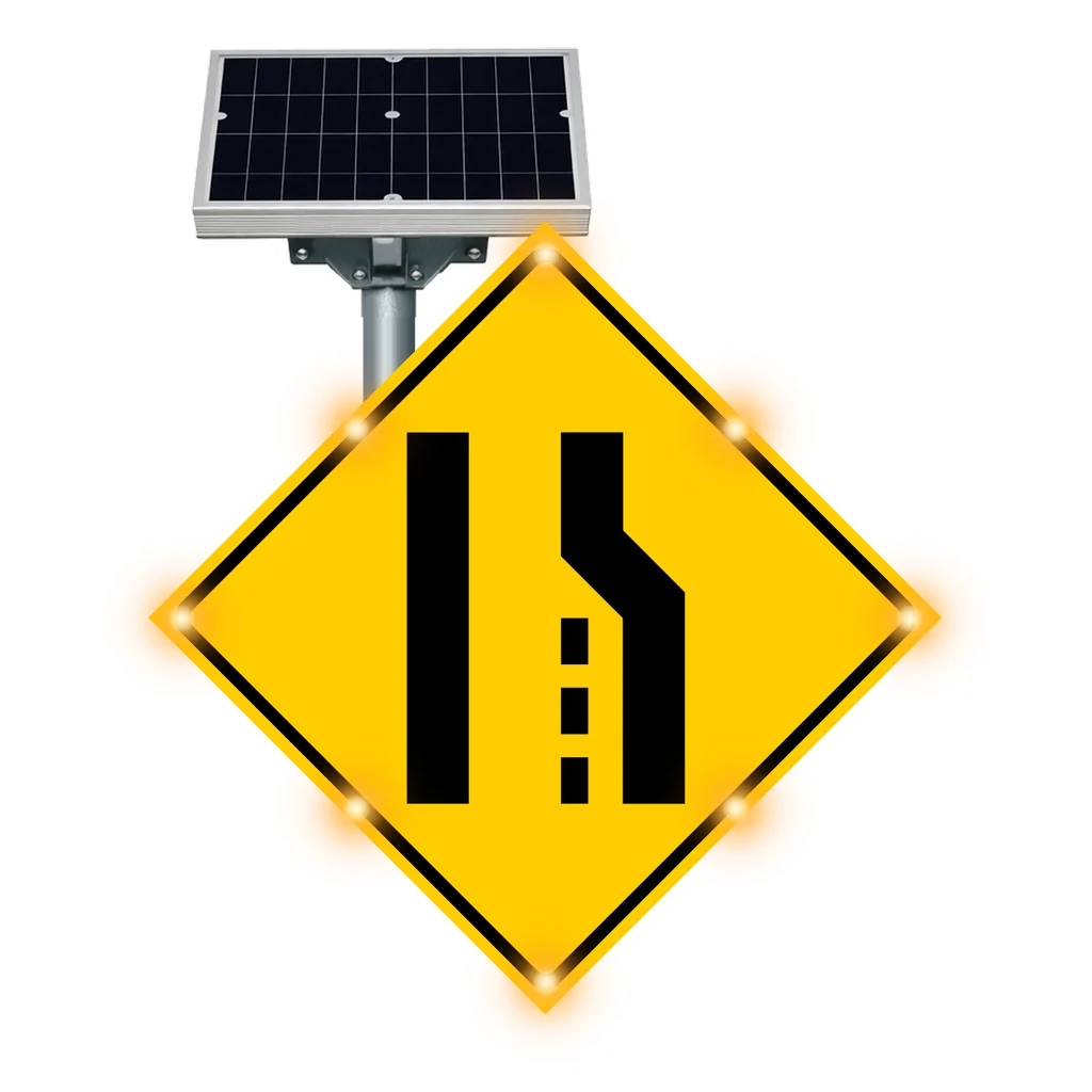 Road narrows flashing sign